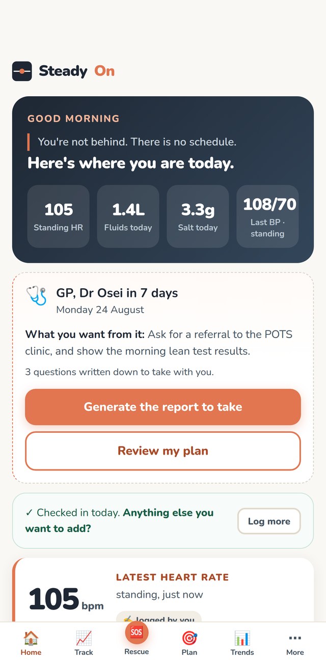 The Steady On dashboard, showing today's standing heart rate, fluids, salt and blood pressure, and an upcoming appointment.