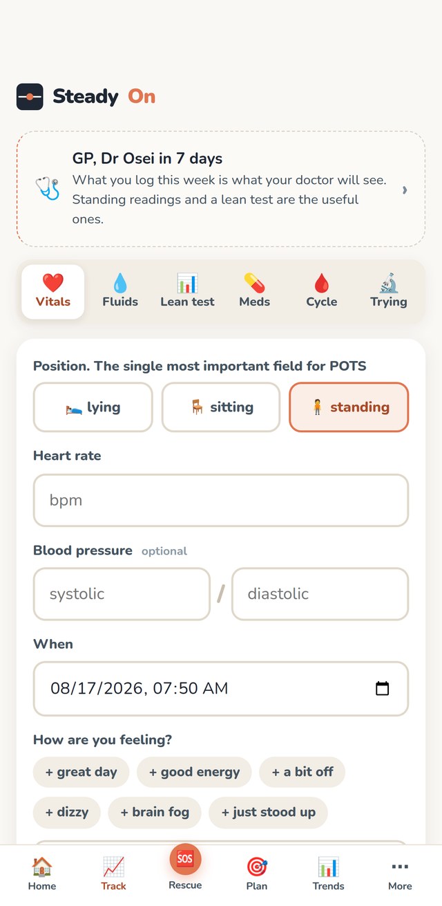 The logging screen, with position, heart rate, blood pressure and symptom tags.