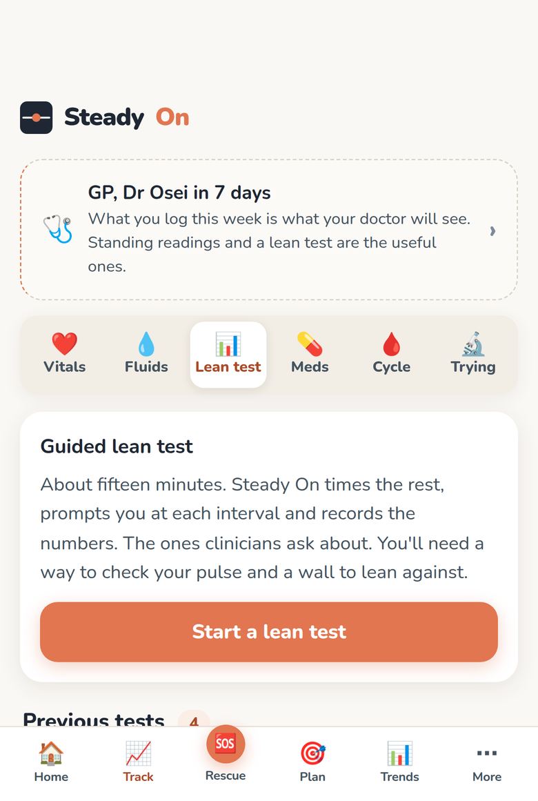 The guided lean test screen, offering to time the rest period and prompt for a reading at each interval.