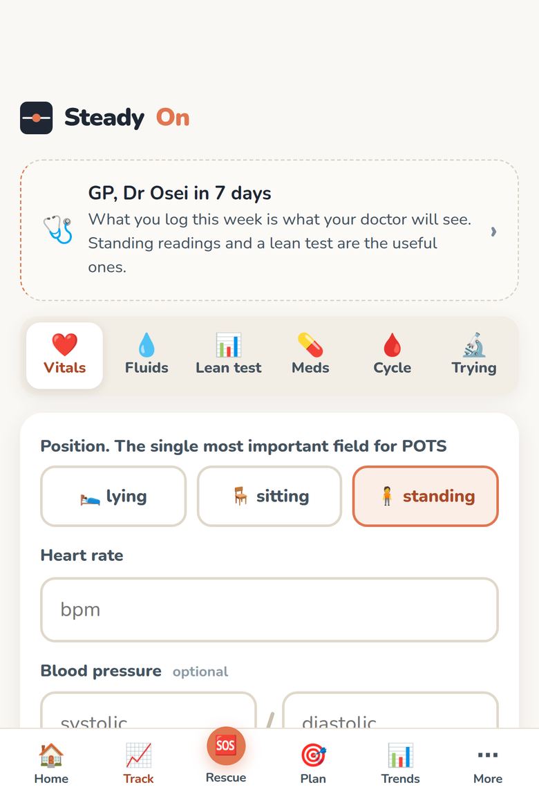 The logging screen, with lying, sitting and standing position buttons above the heart rate and blood pressure fields.